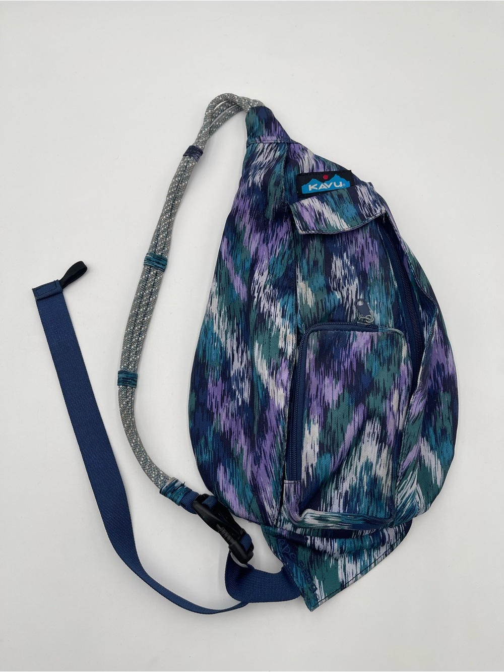 KAVU Mini Rope Sling Bag 5 Zipper Compartments Blue Purple 100% Cotton 9x16 In